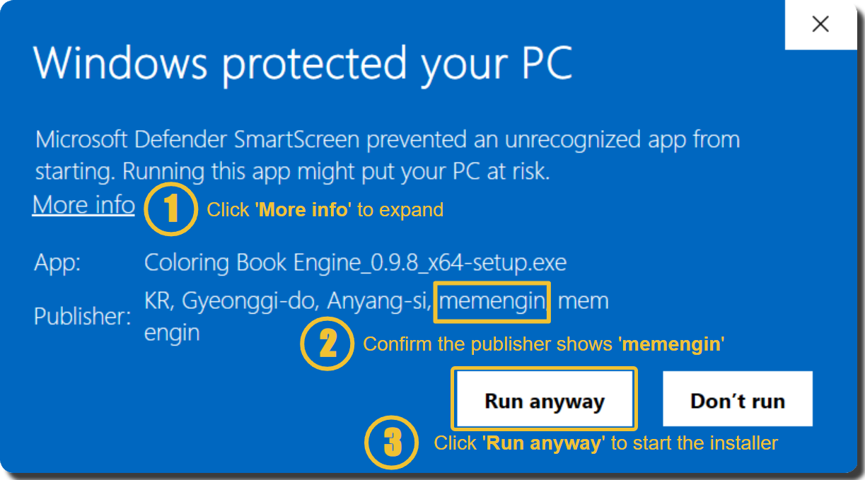 Windows SmartScreen dialog showing publisher 'memengin' with steps: 1. Click 'More info', 2. Confirm publisher, 3. Click 'Run anyway'